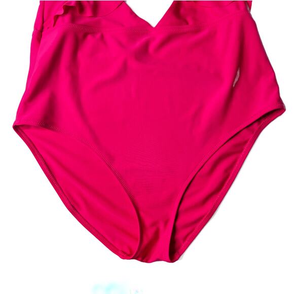 Aerie Ruffle One-Piece Full Coverage Halter Swimsuit Bright Neon Pink Large - Picture 8 of 11